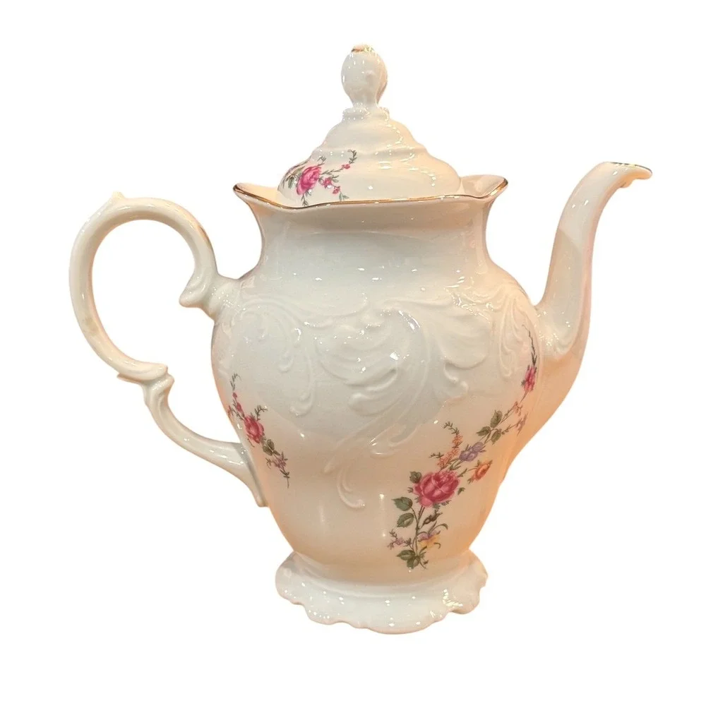 WAWEL POLAND Vintage China Teapot - Rose Floral Gold Trim Mid Century